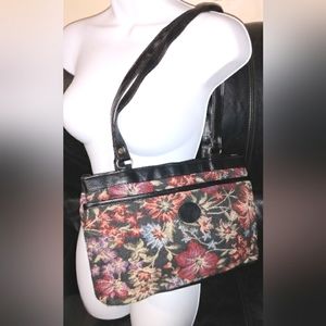Vintage Black Floral Carpet Tapestry & Leather Purse Handbag
